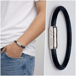 MINT Louis Vuitton Mens Cobalt Damier Canvas Keep It Bracelet Silver 21cm